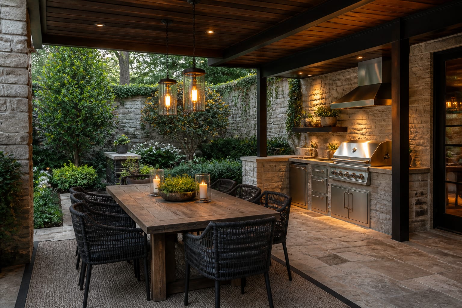covered patio with grill run, stone counters, warm task lighting, dining table, and planting that frames an outdoor kitchen zone