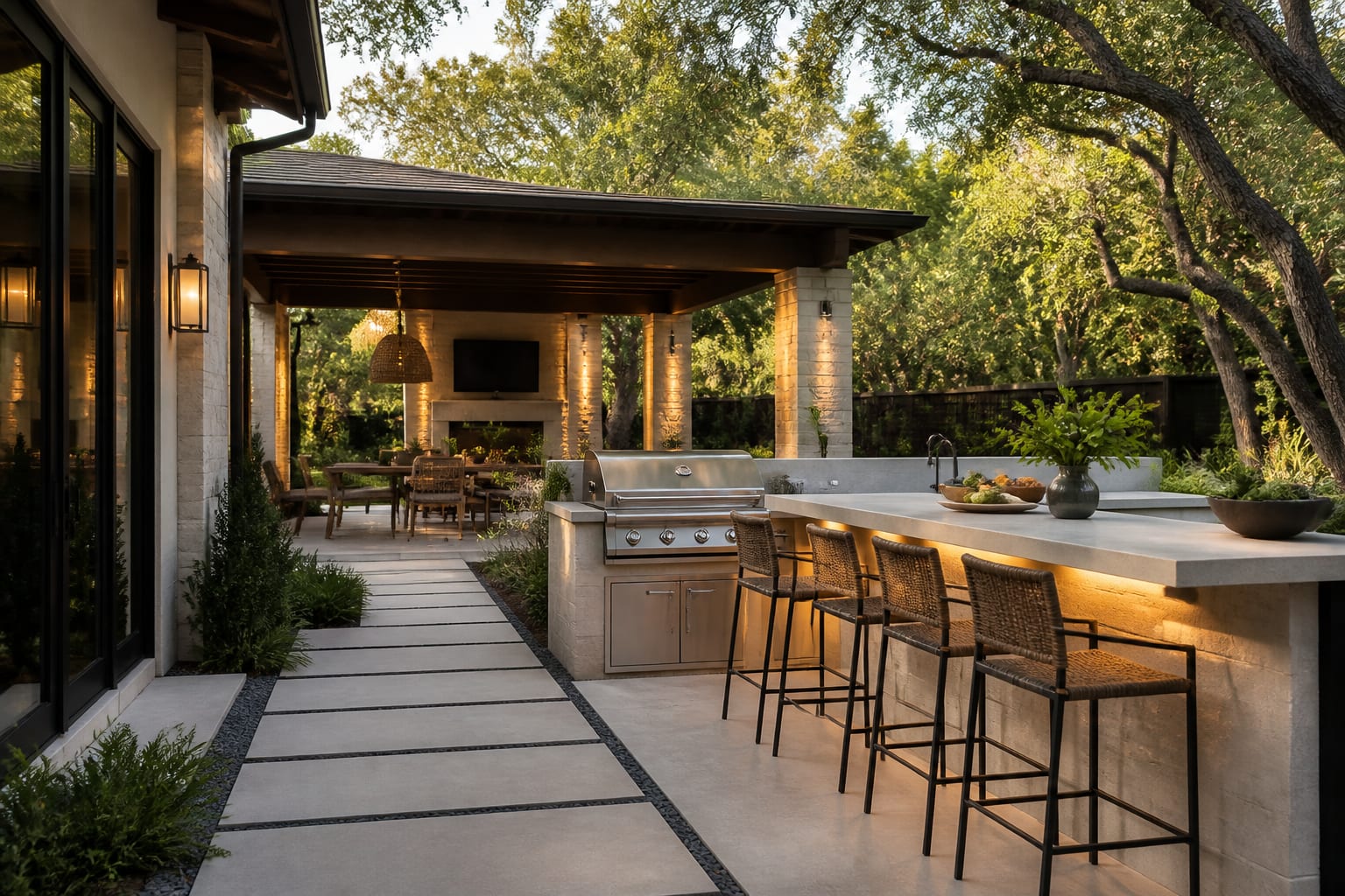 outdoor kitchen concept with built in grill, prep counter, bar stools, shaded dining, and clear path from house door to patio
