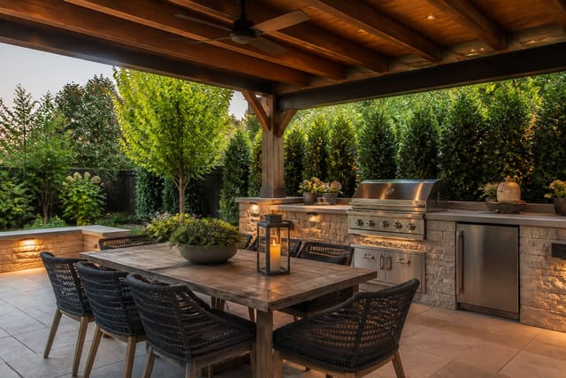 covered patio with grill run, stone counters, warm task lighting, dining table, and planting that frames an outdoor kitchen zone