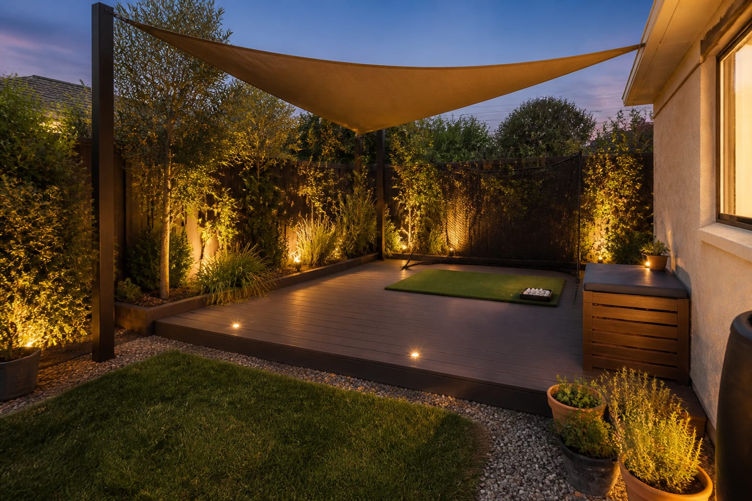 AI outdoor yoga space design preview with level deck pad, privacy planting, shade sail, storage bench, and soft lighting