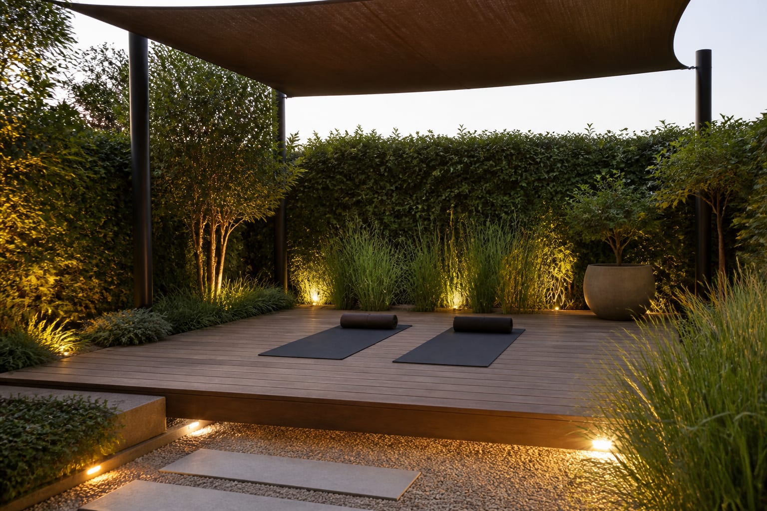 calm garden yoga platform with timber decking, shade canopy, grasses, and low warm lighting beside a privacy hedge