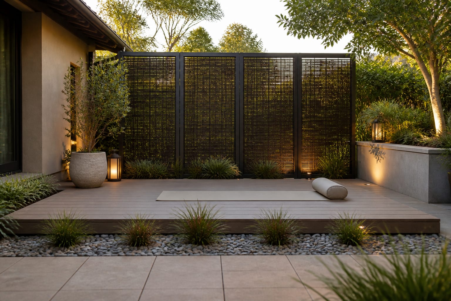 level outdoor yoga deck with neutral mat, smooth pavers, gravel border, low grasses, and a shaded privacy screen