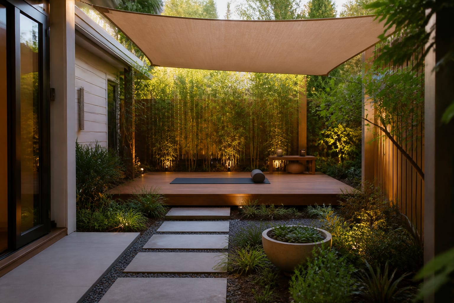 AI preview of a compact backyard yoga retreat with shade sail, timber floor, privacy planting, and a clear path from the patio