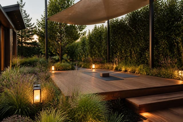 calm garden yoga platform with timber decking, shade canopy, grasses, and low warm lighting beside a privacy hedge