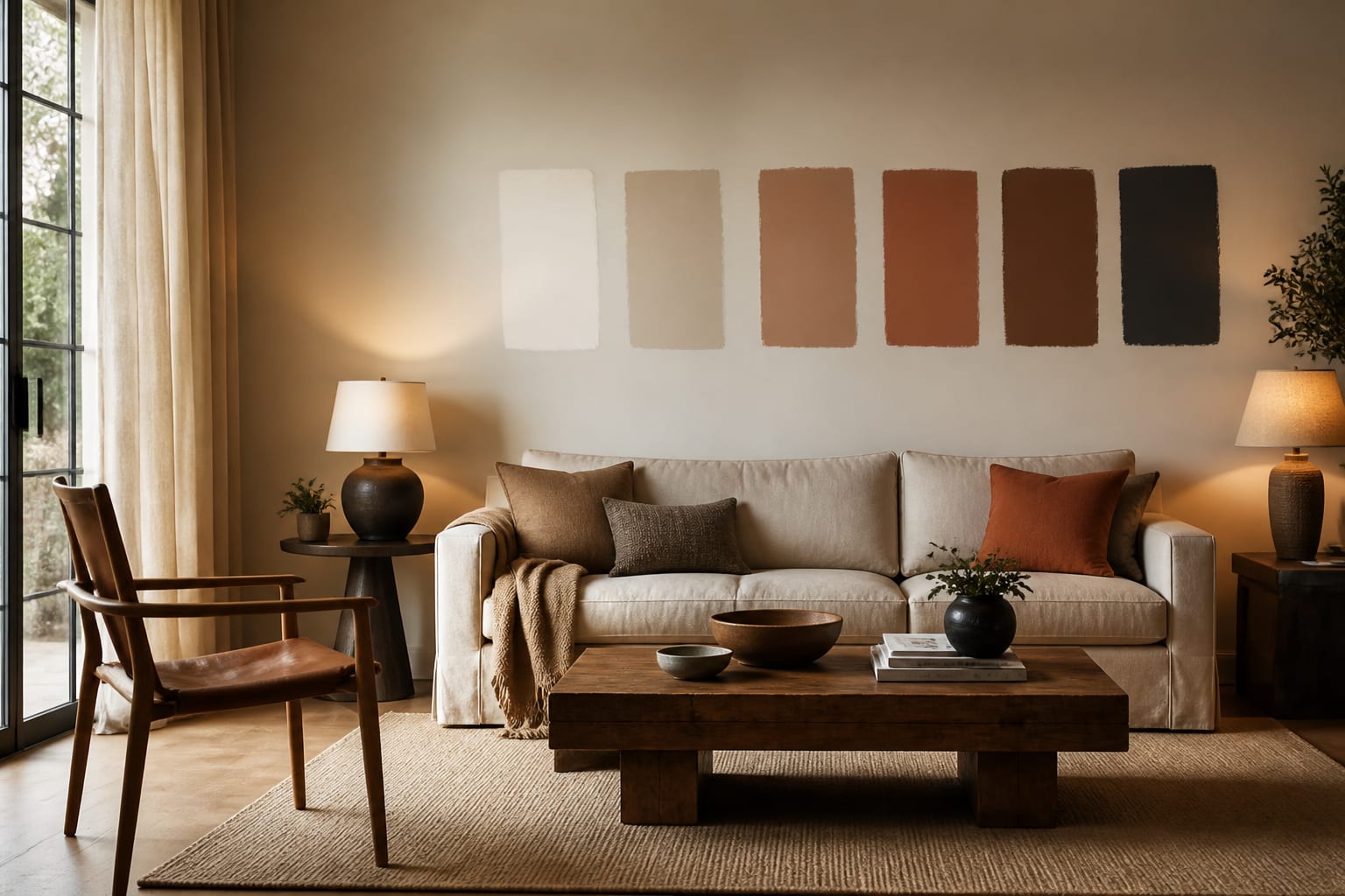 living room wall with warm paint samples, oak floor, linen curtains, and soft table lamps shown in an AI preview