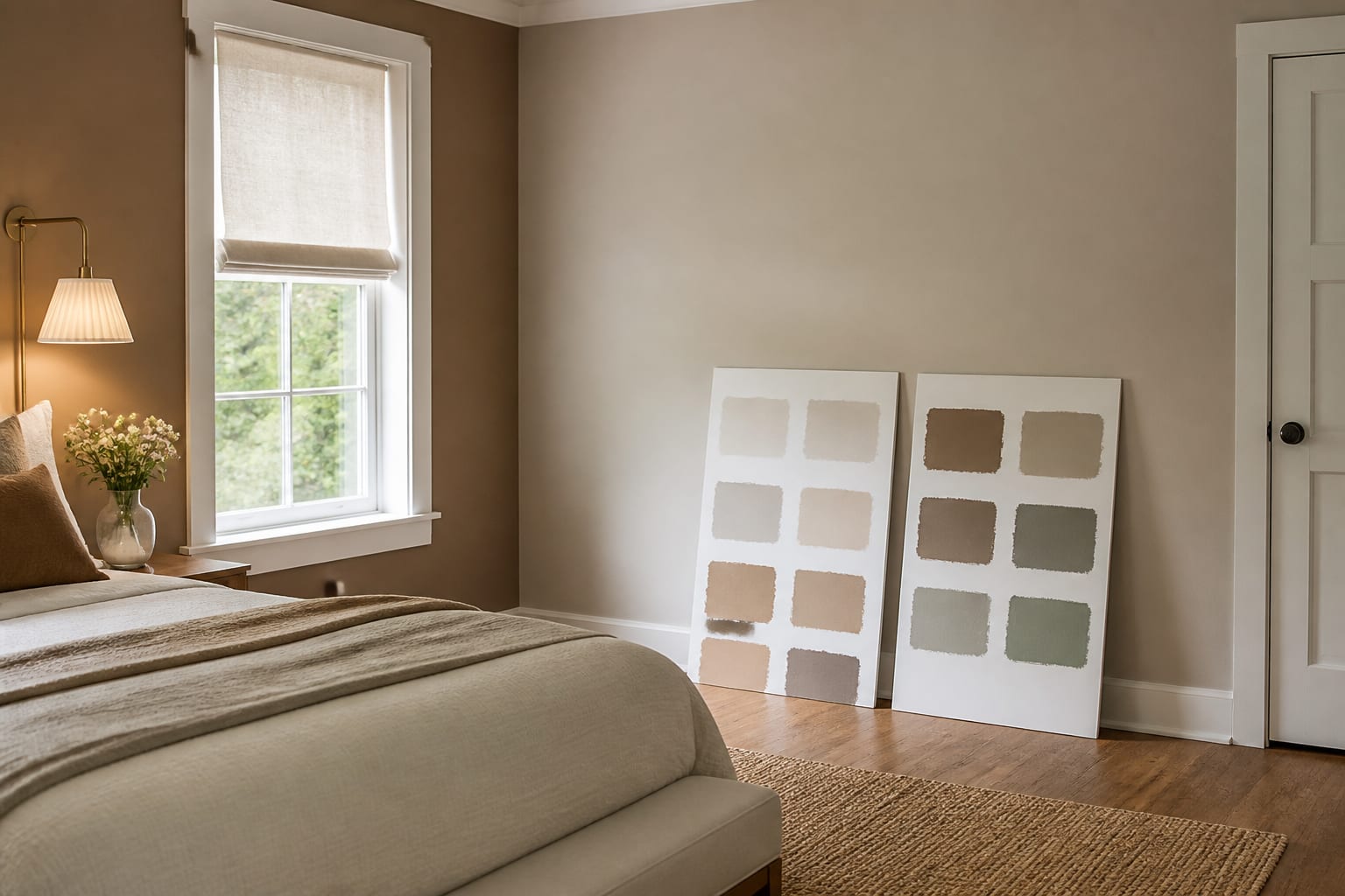 phone photo of a bedroom showing two walls, oak flooring, white trim, window light, and large paint sample boards