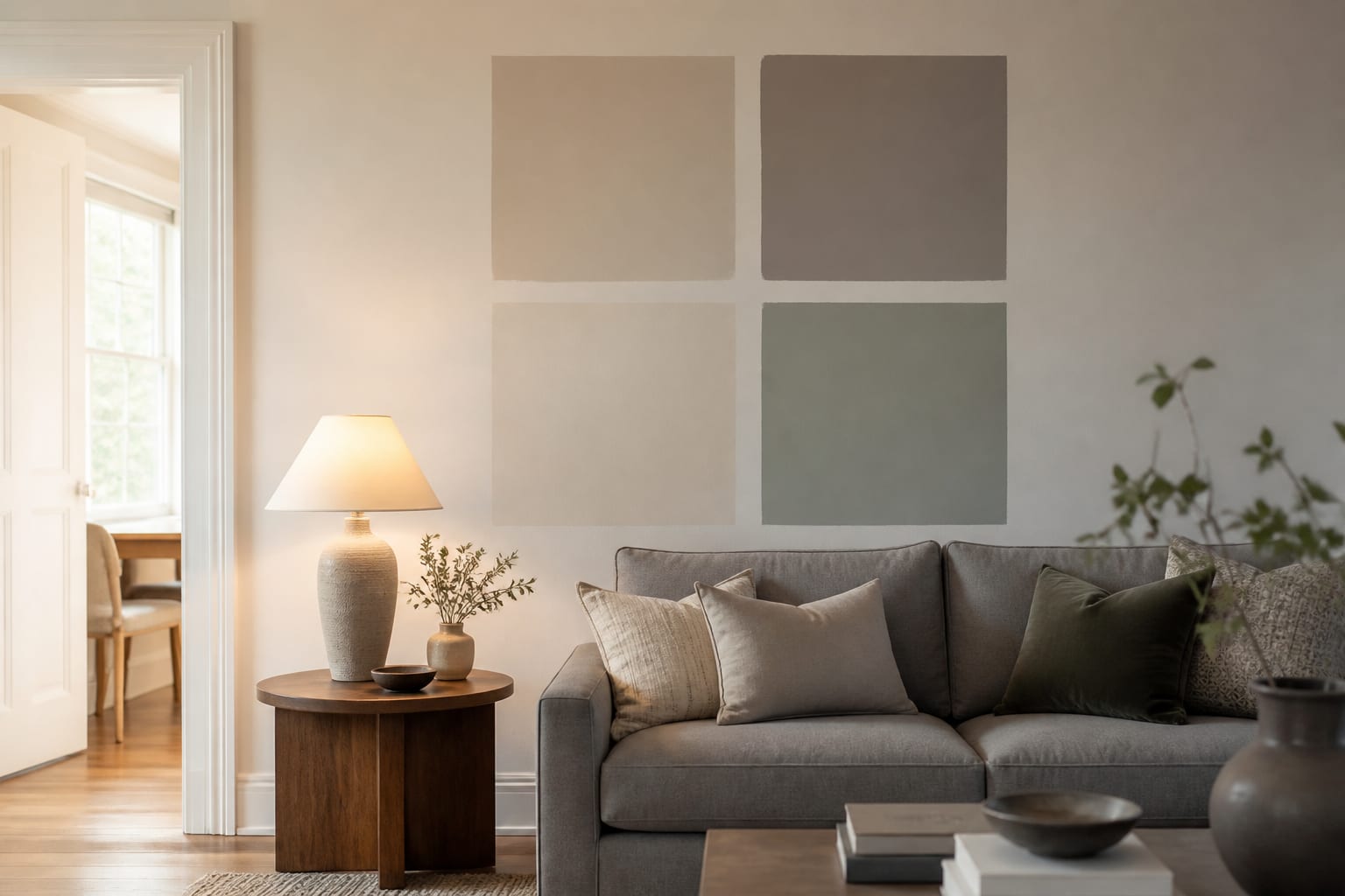 four large paint samples on a living room wall beside white trim, oak floor, gray sofa, and warm lamp light