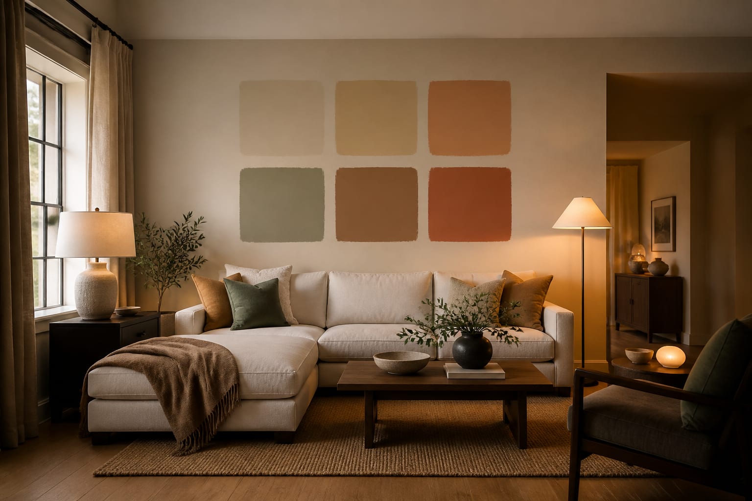 living room wall with warm paint samples, oak floor, linen curtains, and soft table lamps shown in an AI preview