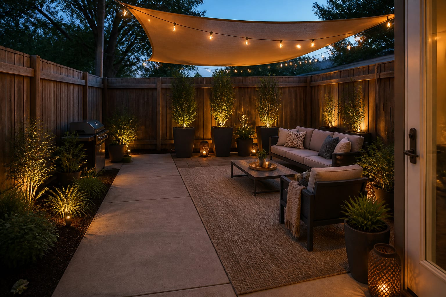 AI patio design preview with outdoor sofa, defined rug zone, planters, shade sail, side table, and warm string lighting
