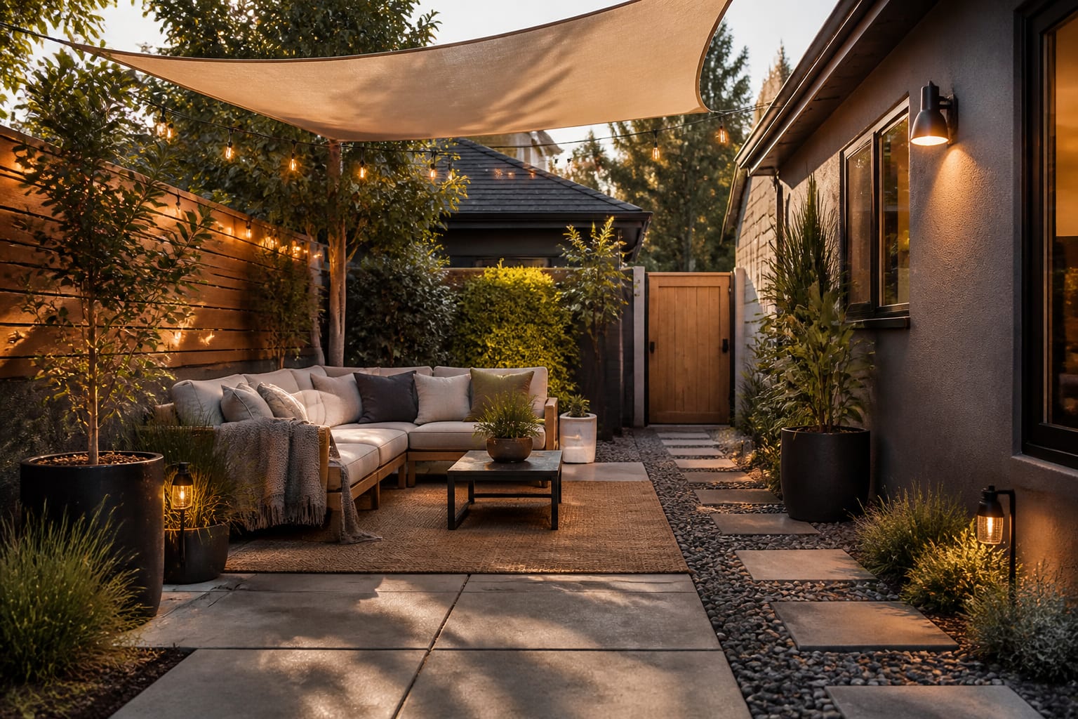 small backyard patio with a defined lounge zone, gravel border, warm string lights, planters, and shade sail
