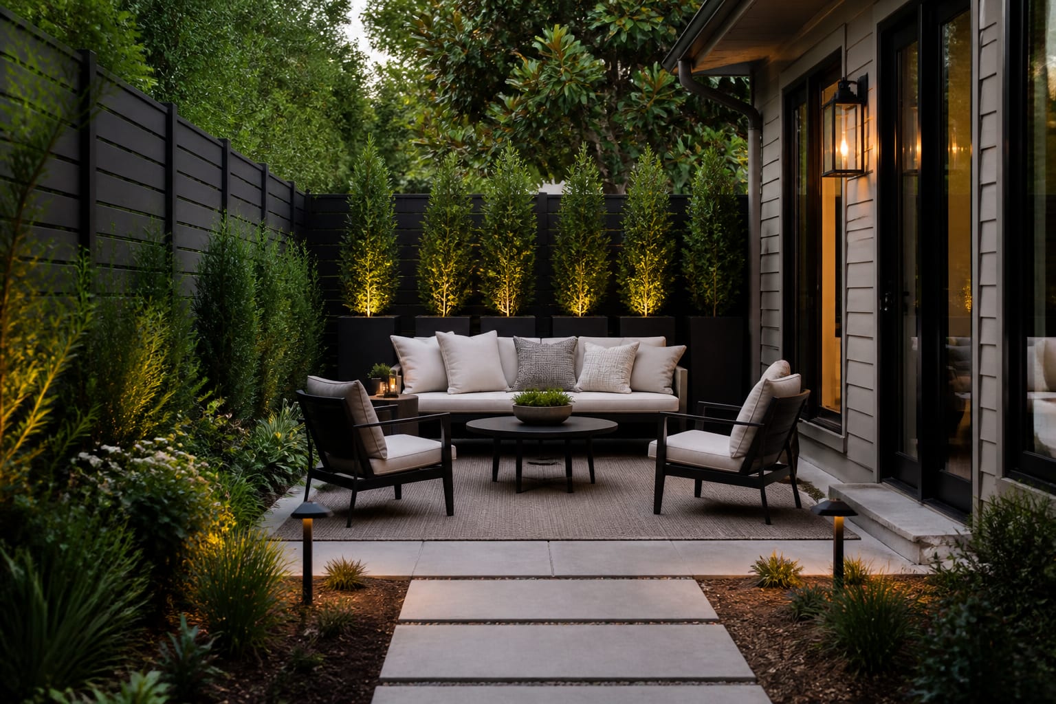 patio seating plan with an outdoor rug, compact sofa, side chairs, tall planters, and clear walking path from the house