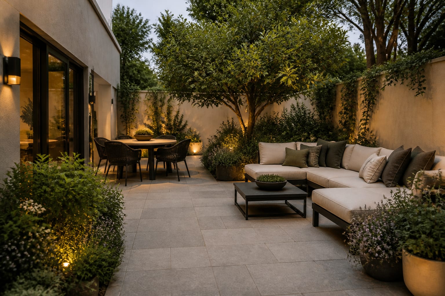 AI patio preview showing warm lighting, shade, dining corner, lounge furniture, planters, and measured circulation on a small paved terrace