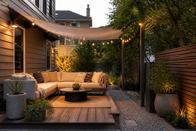 small backyard patio with a defined lounge zone, gravel border, warm string lights, planters, and shade sail