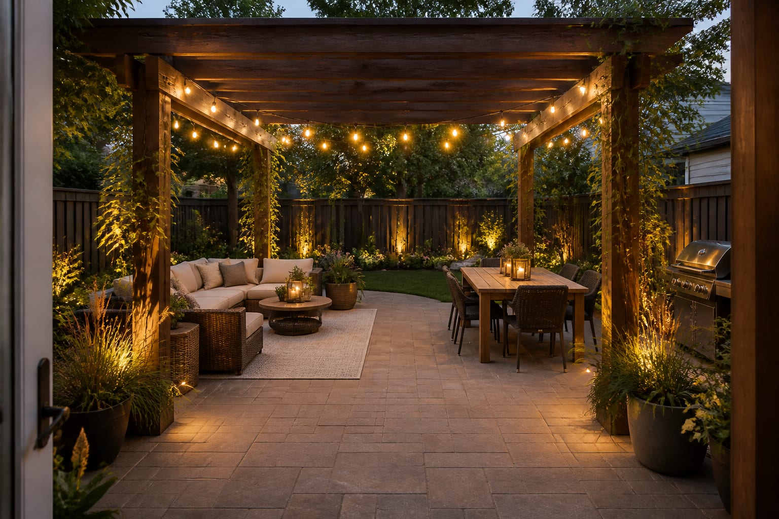 same patio angle redesigned with a wood pergola, outdoor sofa, dining table, string lights, planted edges, and clear circulation from door to yard.