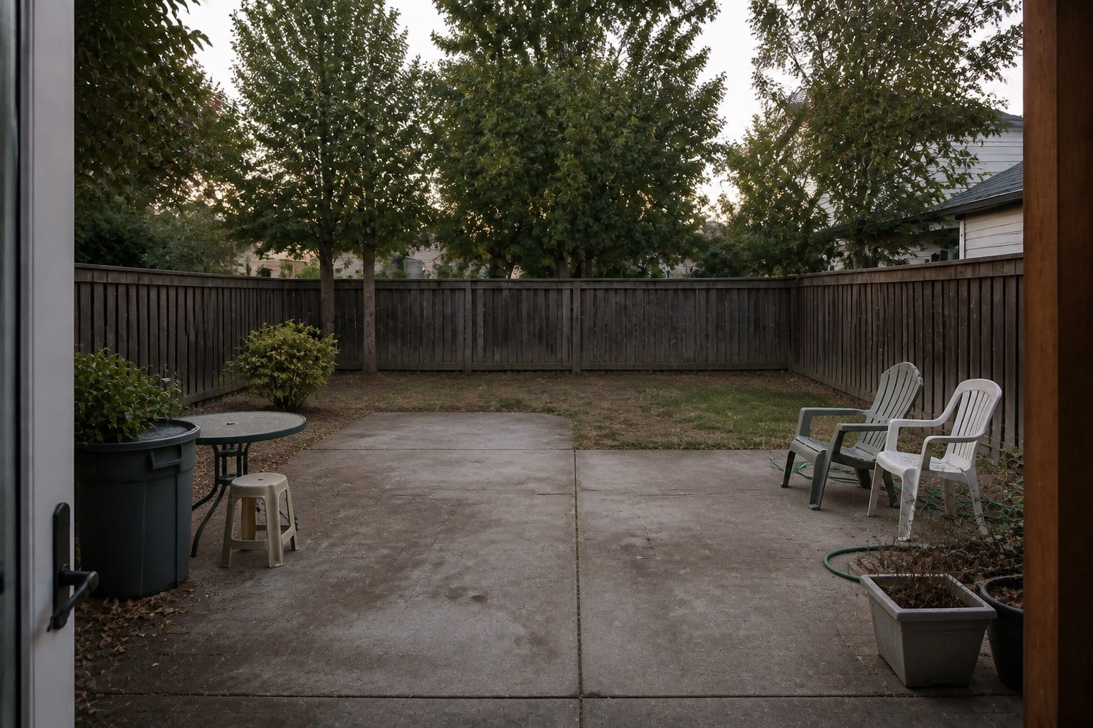 under designed patio with exposed concrete, no shade, scattered chairs, visible fence line, and a back door path interrupted by loose furniture.