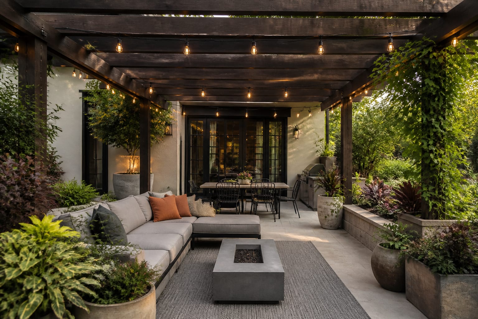patio with a wood pergola, outdoor sofa, dining zone, warm string lights, and layered planters framing a shaded seating area