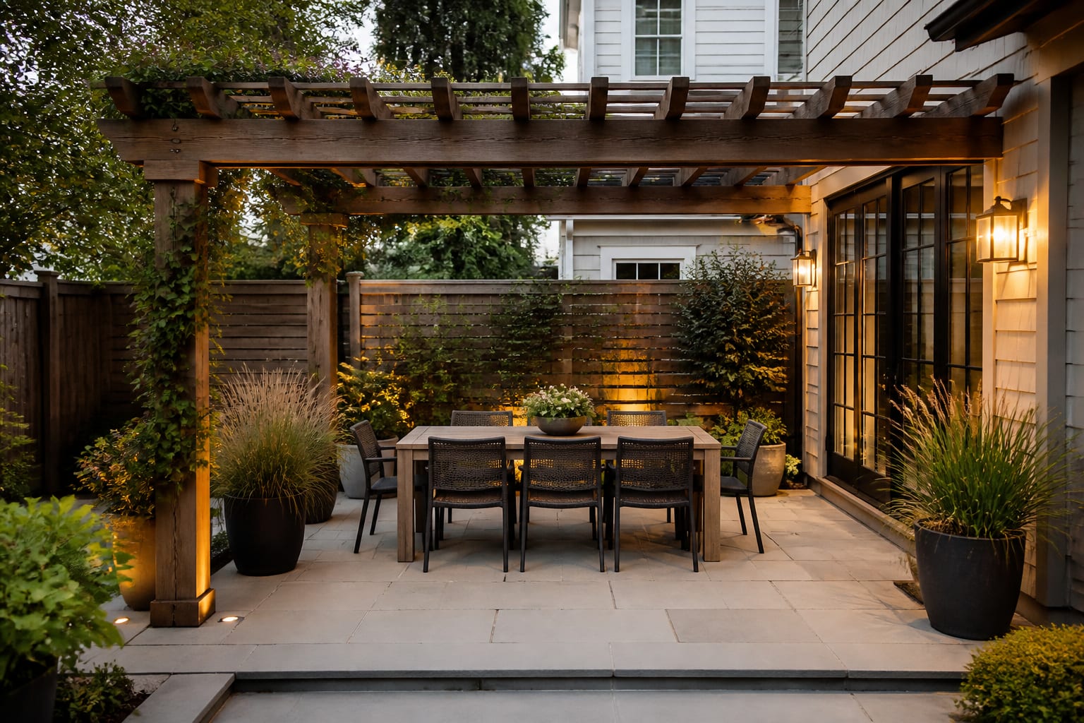 wood pergola over a compact patio dining area with clear chair pullback, potted grasses, and warm exterior wall lights