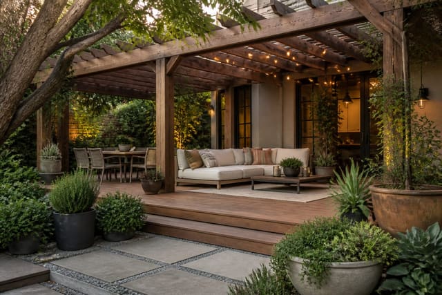patio with a wood pergola, outdoor sofa, dining zone, warm string lights, and layered planters framing a shaded seating area