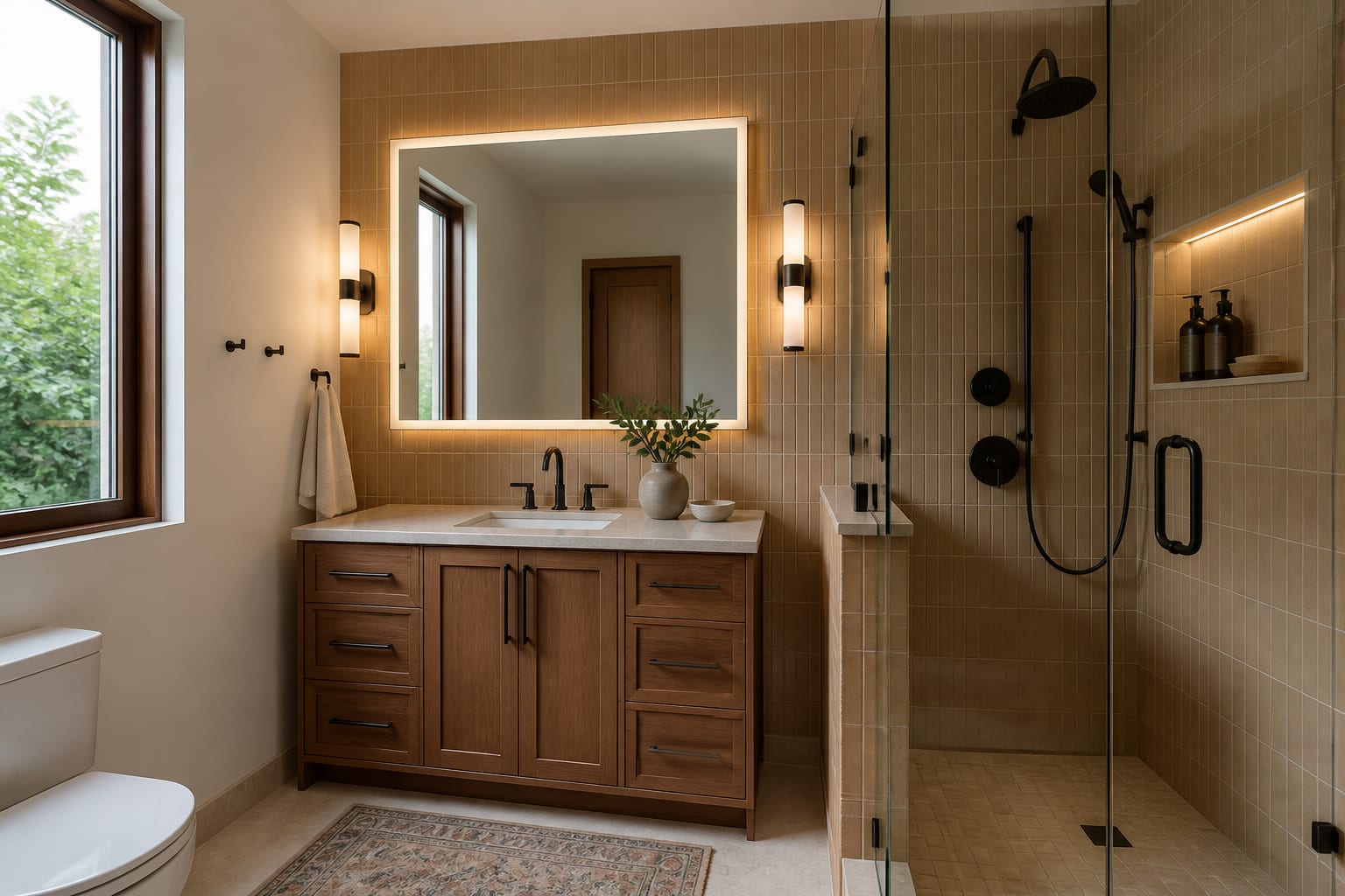 Compact bathroom remodel preview with walnut vanity, warm wall tile, glass shower, and layered mirror lighting