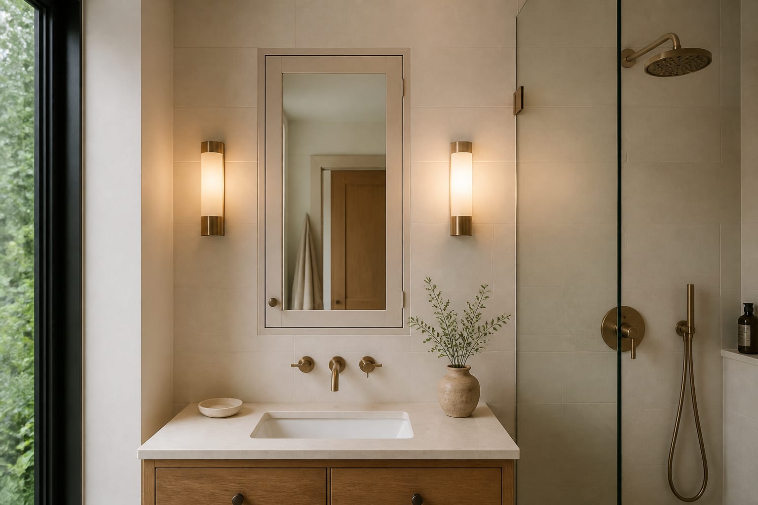 Small bathroom vanity wall with recessed medicine cabinet, side sconces, pale tile, and a clear glass shower panel