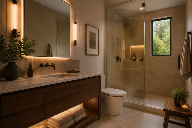 Compact bathroom remodel preview with walnut vanity, warm wall tile, glass shower, and layered mirror lighting