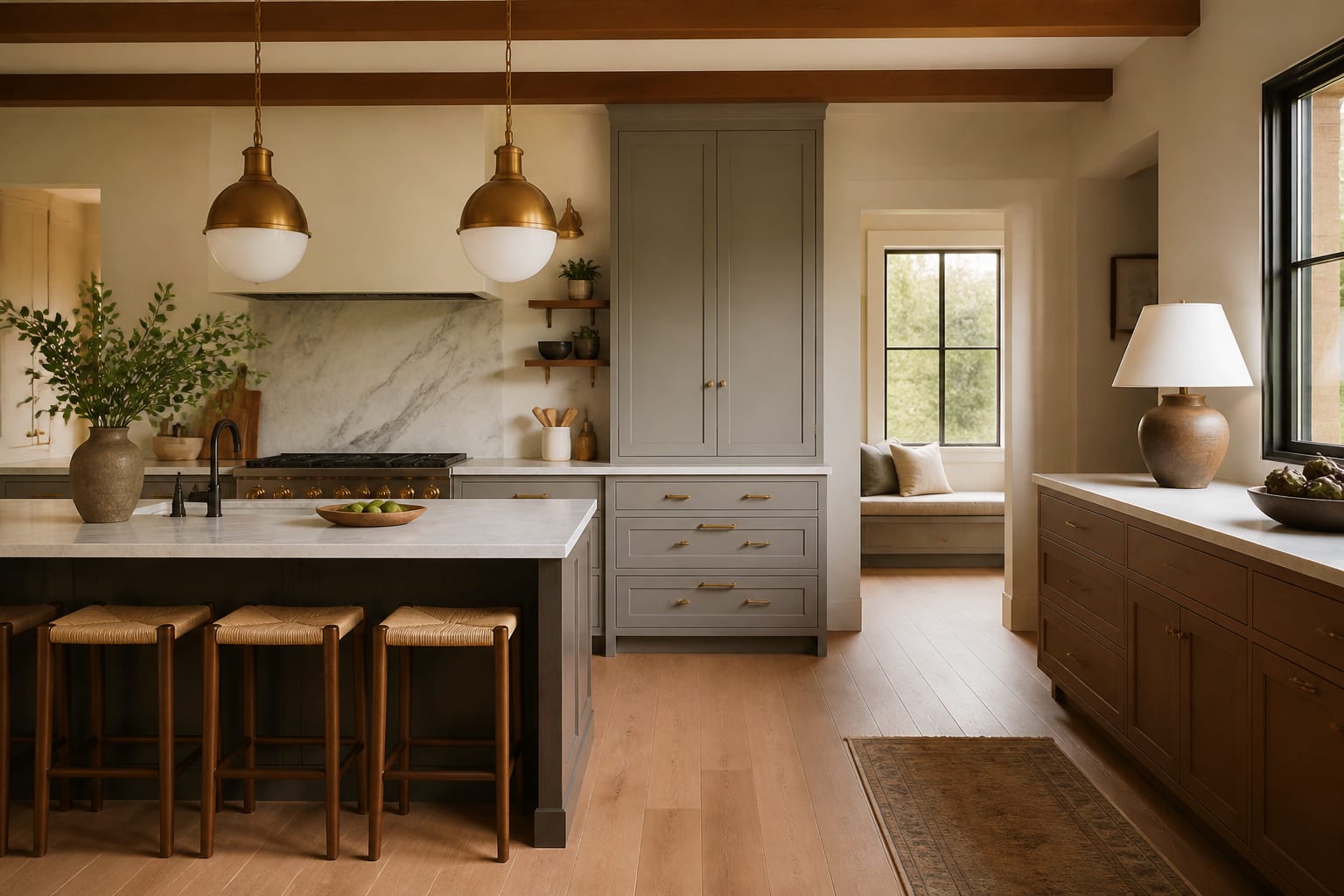 warm transitional kitchen with tested cabinet colors, layered task lighting, clear island clearance, and natural wood accents