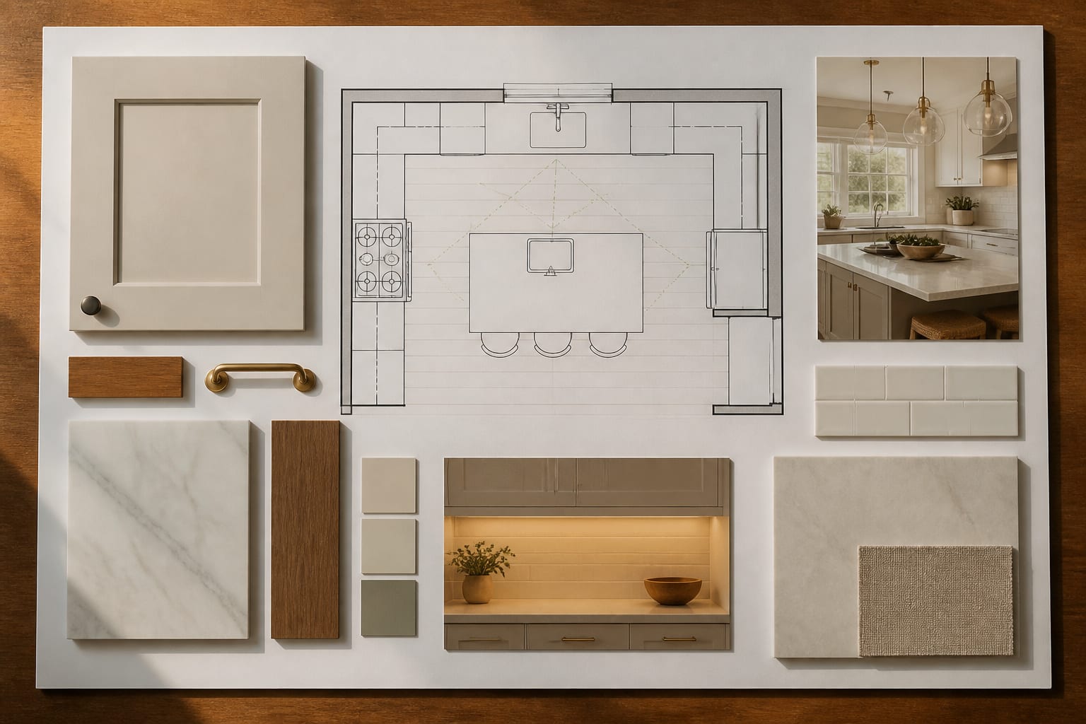 kitchen planning board showing appliance placement, island clearance, cabinet samples, and warm under-cabinet lighting