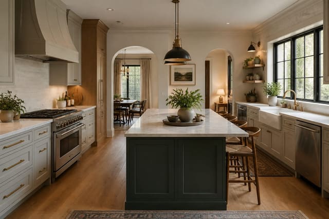 warm transitional kitchen with tested cabinet colors, layered task lighting, clear island clearance, and natural wood accents