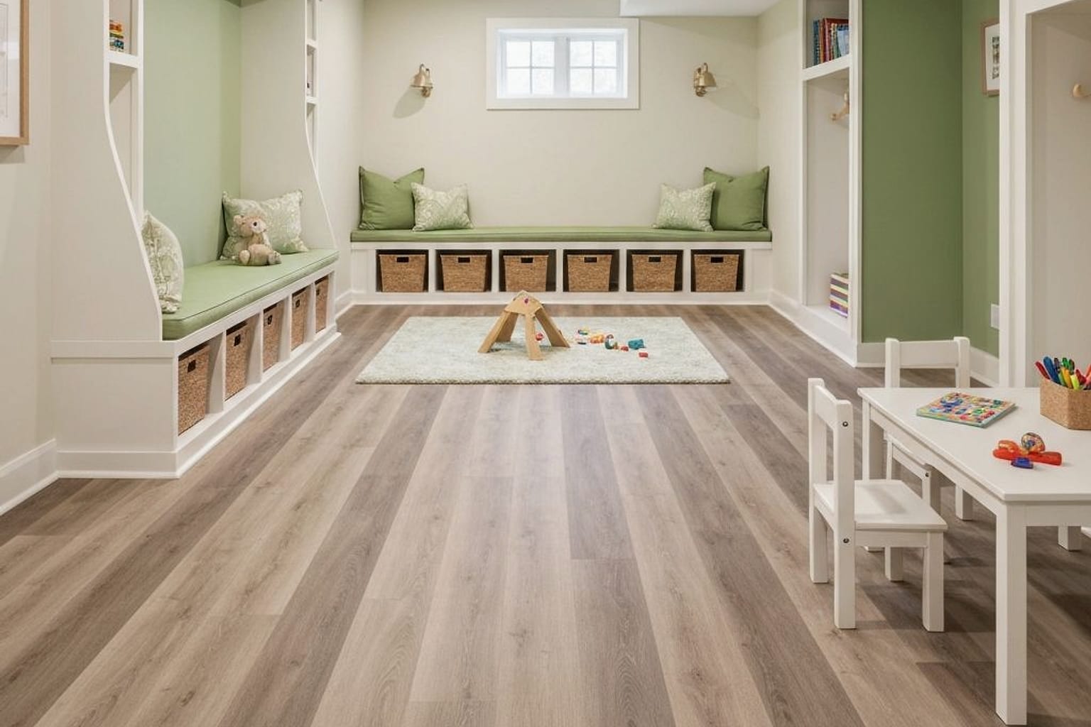 organized kids playroom with low toy storage, washable rug, reading corner, craft table, and soft warm lighting