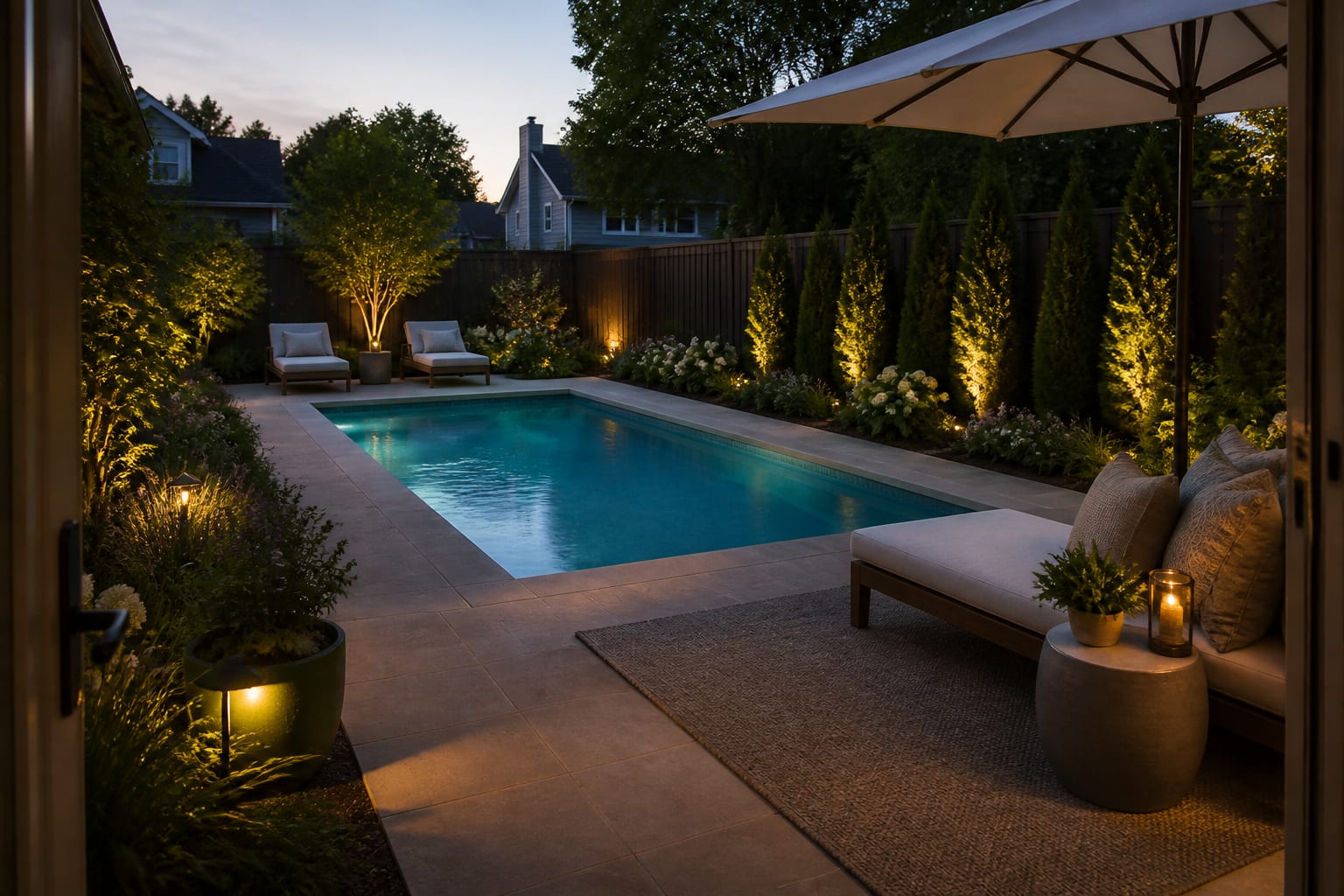 ai pool area design preview with pale pavers, wood loungers, layered planting beds, umbrella shade, privacy screen, and warm path lighting