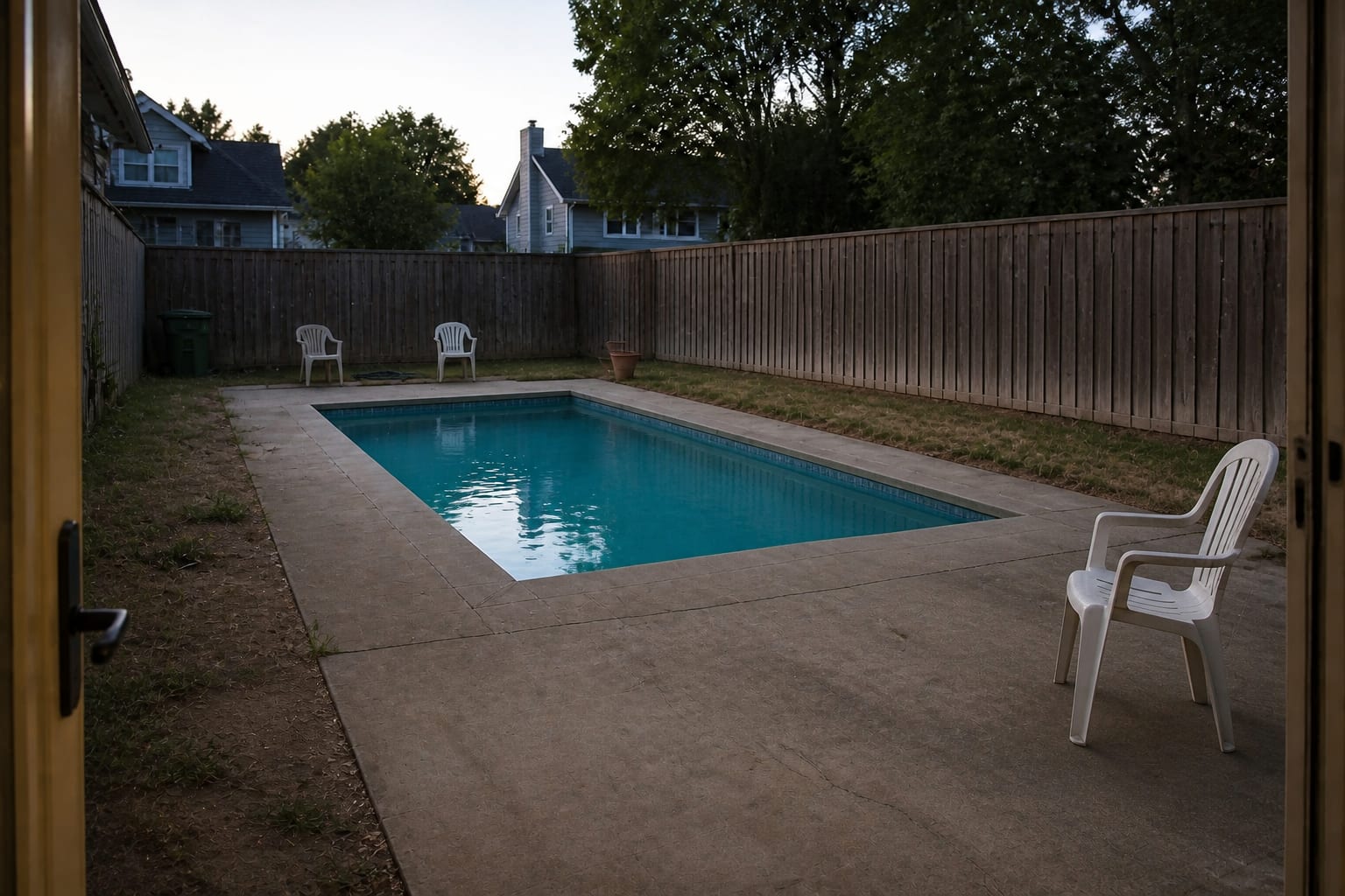 under designed backyard pool area with plain concrete surround, scattered chairs, exposed fence, patchy lawn, and no planting or shade strategy