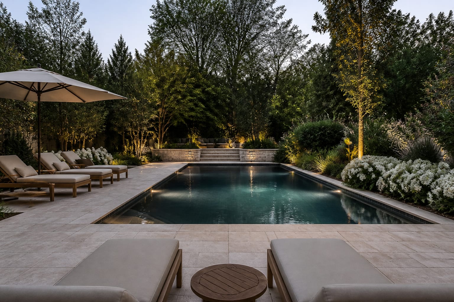 pool surround with pale pavers, layered planting, loungers, umbrella shade, and low evening lighting around a rectangular backyard pool