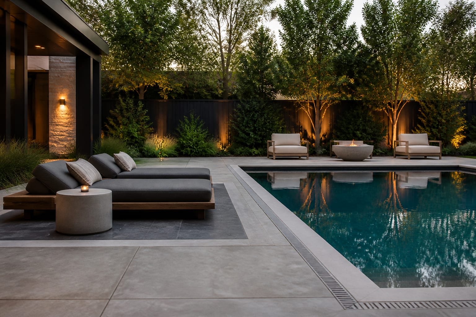 modern pool hardscape with light coping, large format pavers, defined lounge pad, drainage edge, and planting beyond the deck