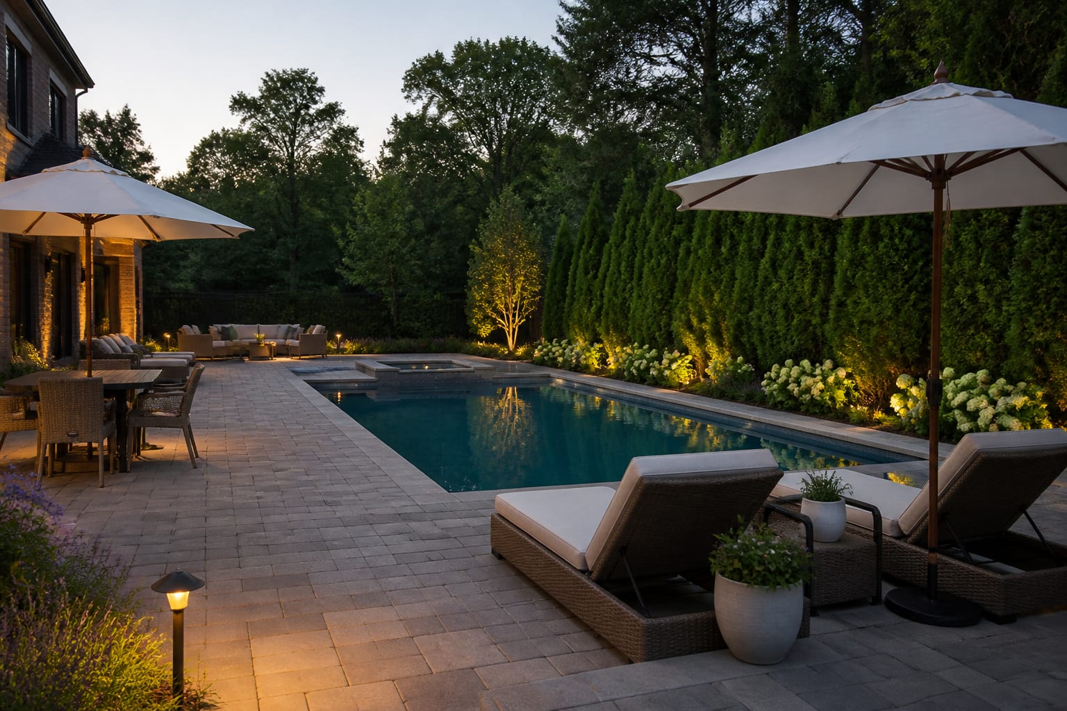 AI preview of a backyard pool area showing paver choices, privacy planting, loungers, umbrellas, and warm evening path lights