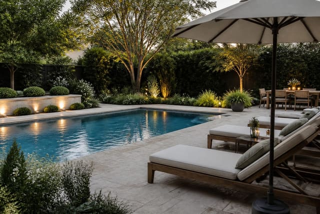 pool surround with pale pavers, layered planting, loungers, umbrella shade, and low evening lighting around a rectangular backyard pool