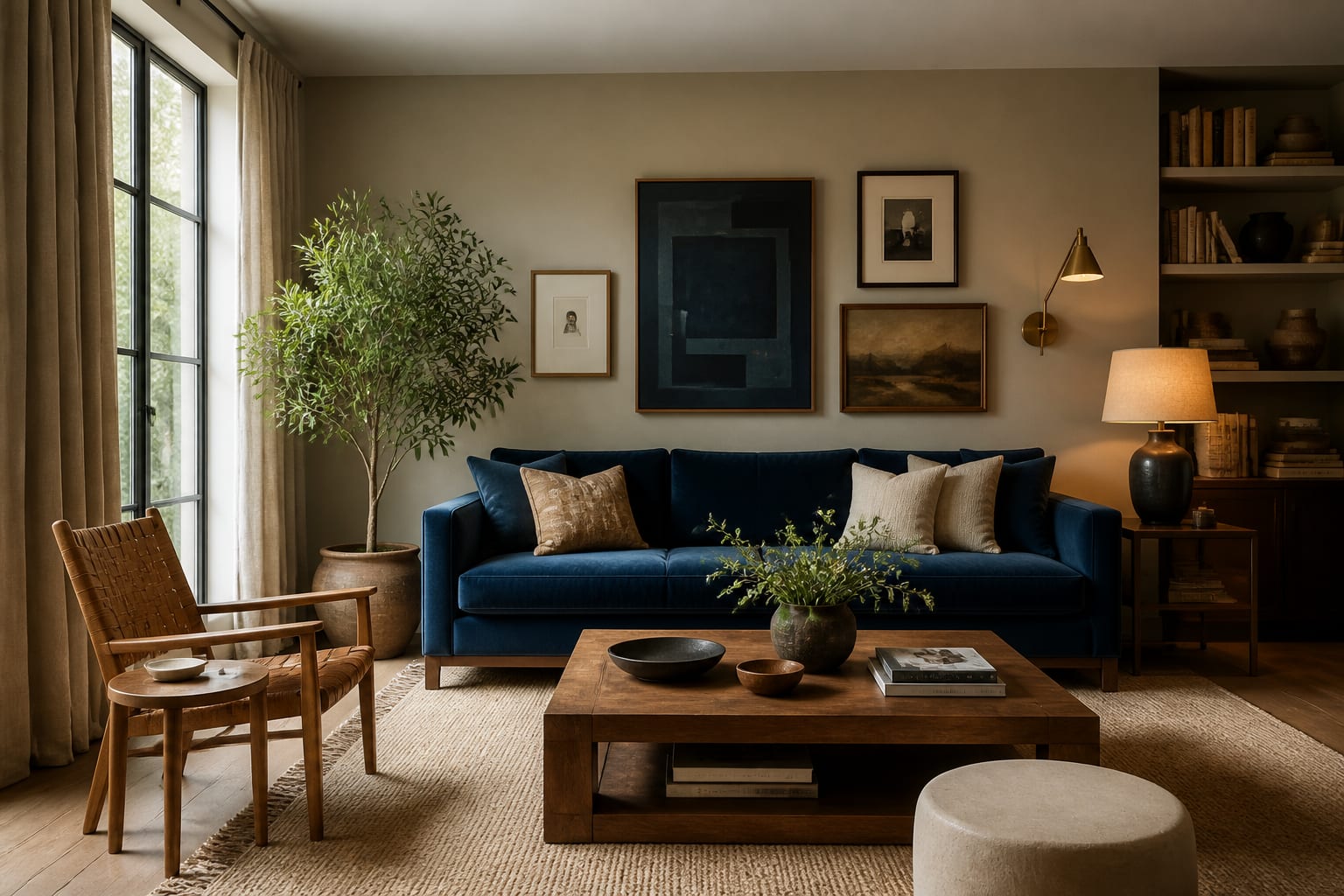 living room designed around a blue velvet sofa with warm wood tables, linen curtains, layered art, and balanced lighting