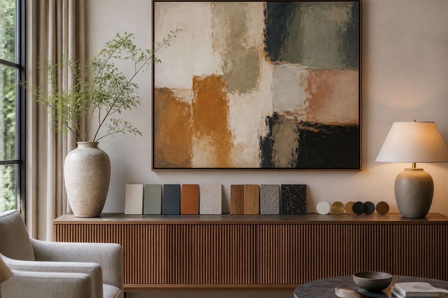abstract artwork above a console with paint swatches, wood samples, and lamp finishes pulled from the art palette