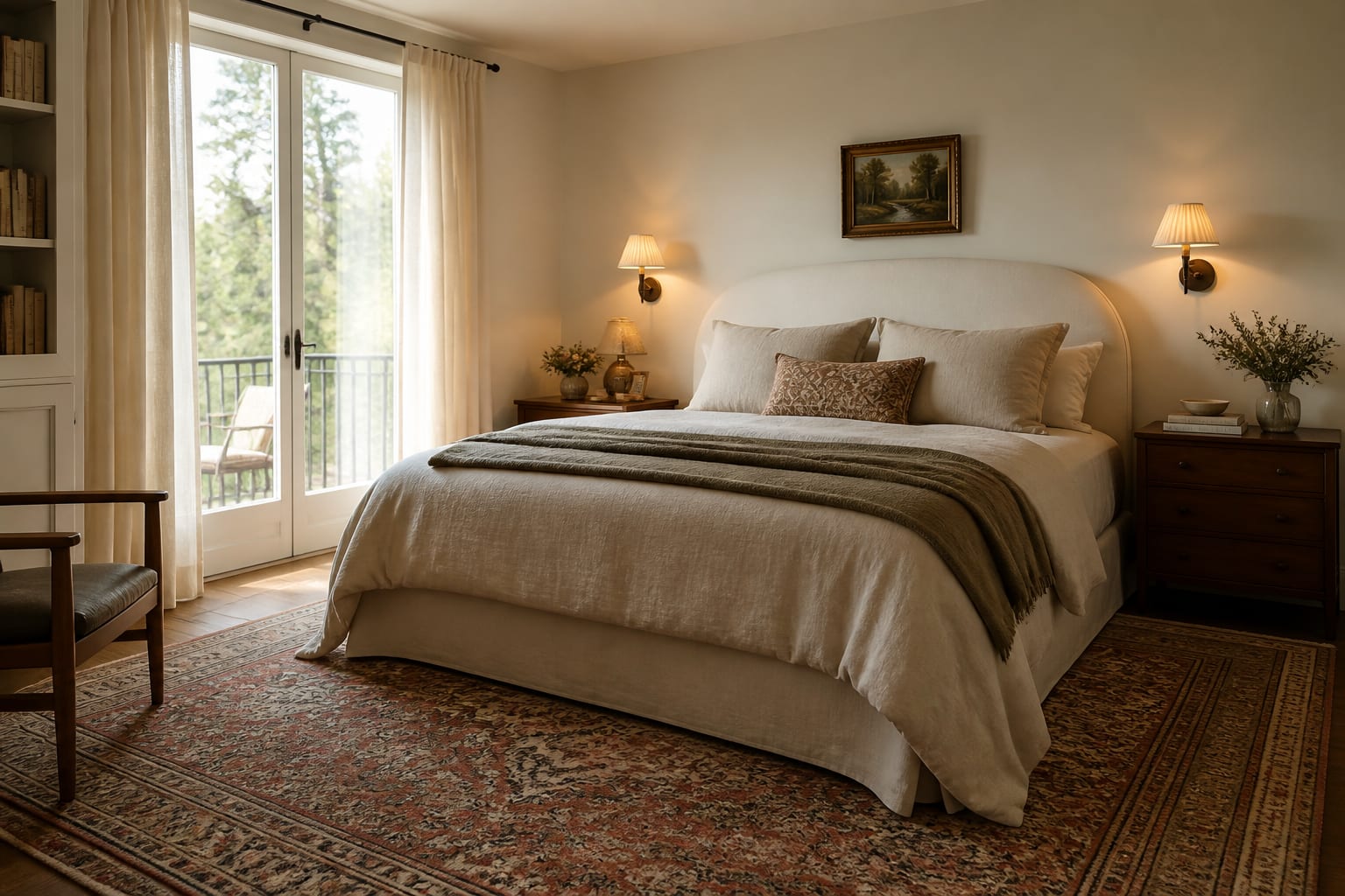 bedroom preview built around a vintage patterned rug with warm white walls, walnut nightstands, shaded sconces, and linen bedding