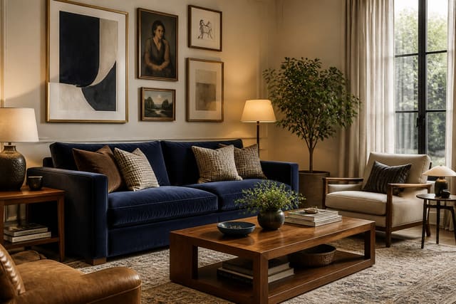 living room designed around a blue velvet sofa with warm wood tables, linen curtains, layered art, and balanced lighting
