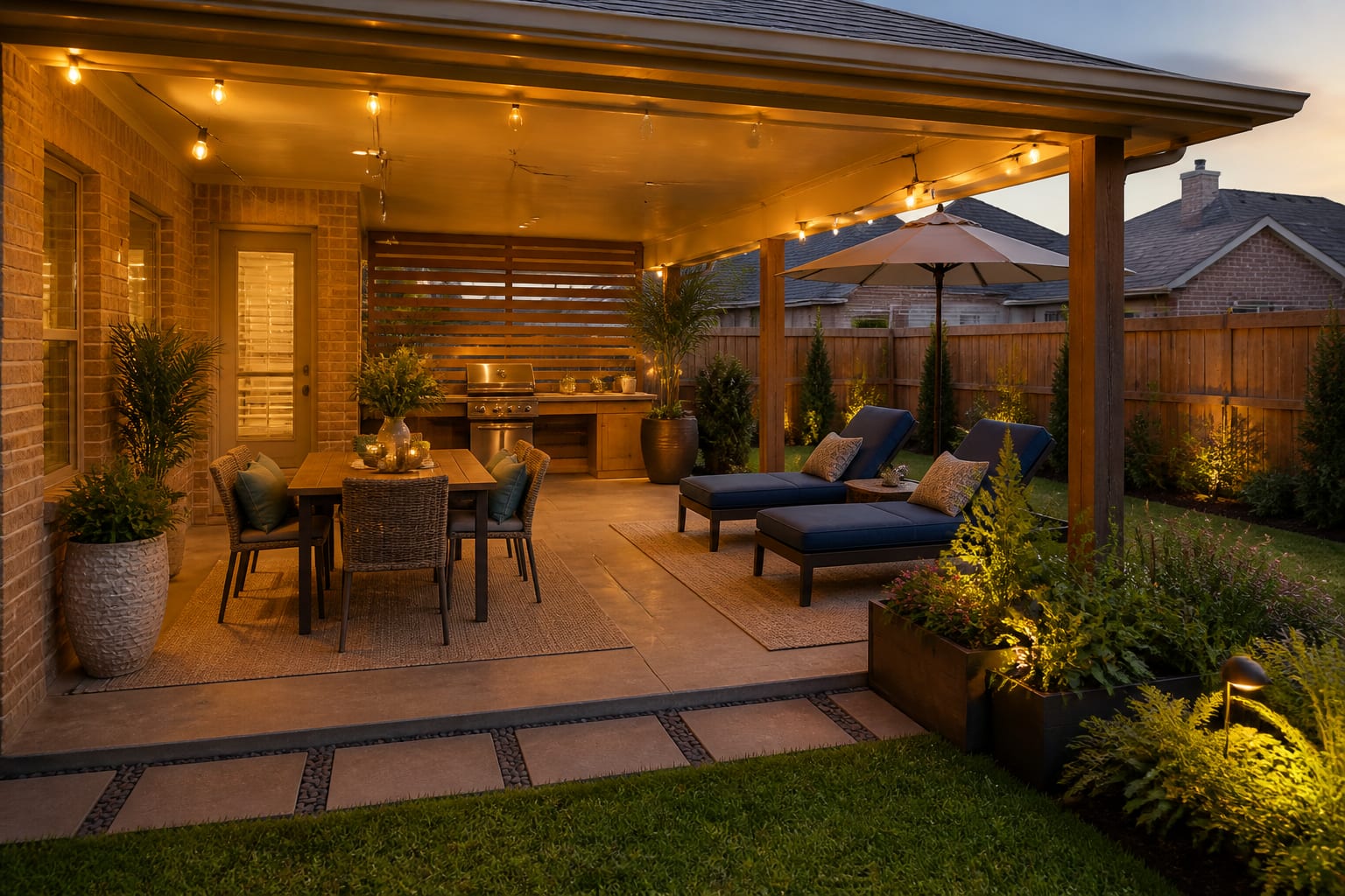 redesigned covered backyard patio with dining zone, lounge seating, layered planters, and warm string lights