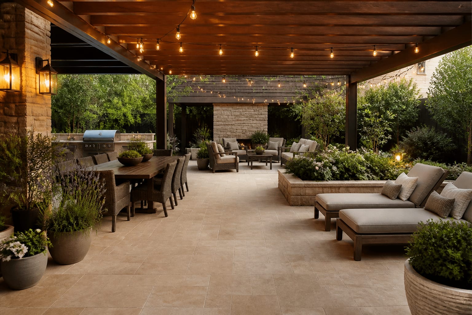 covered backyard patio with dining zone, lounge chairs, layered planters, warm string lights, and clear walking paths