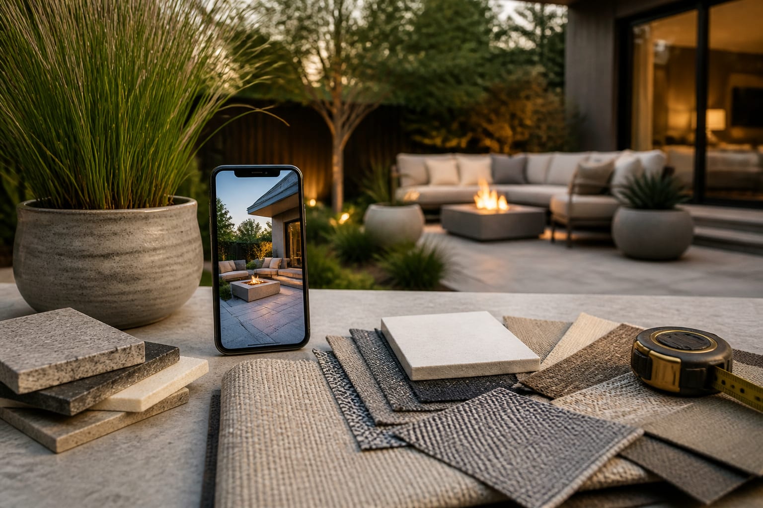 AI patio preview on a phone beside real material samples, outdoor fabric swatches, potted grasses, and a tape measure