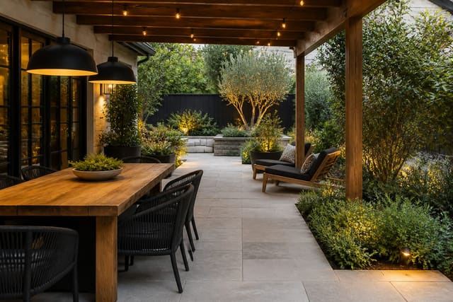 covered backyard patio with dining zone, lounge chairs, layered planters, warm string lights, and clear walking paths