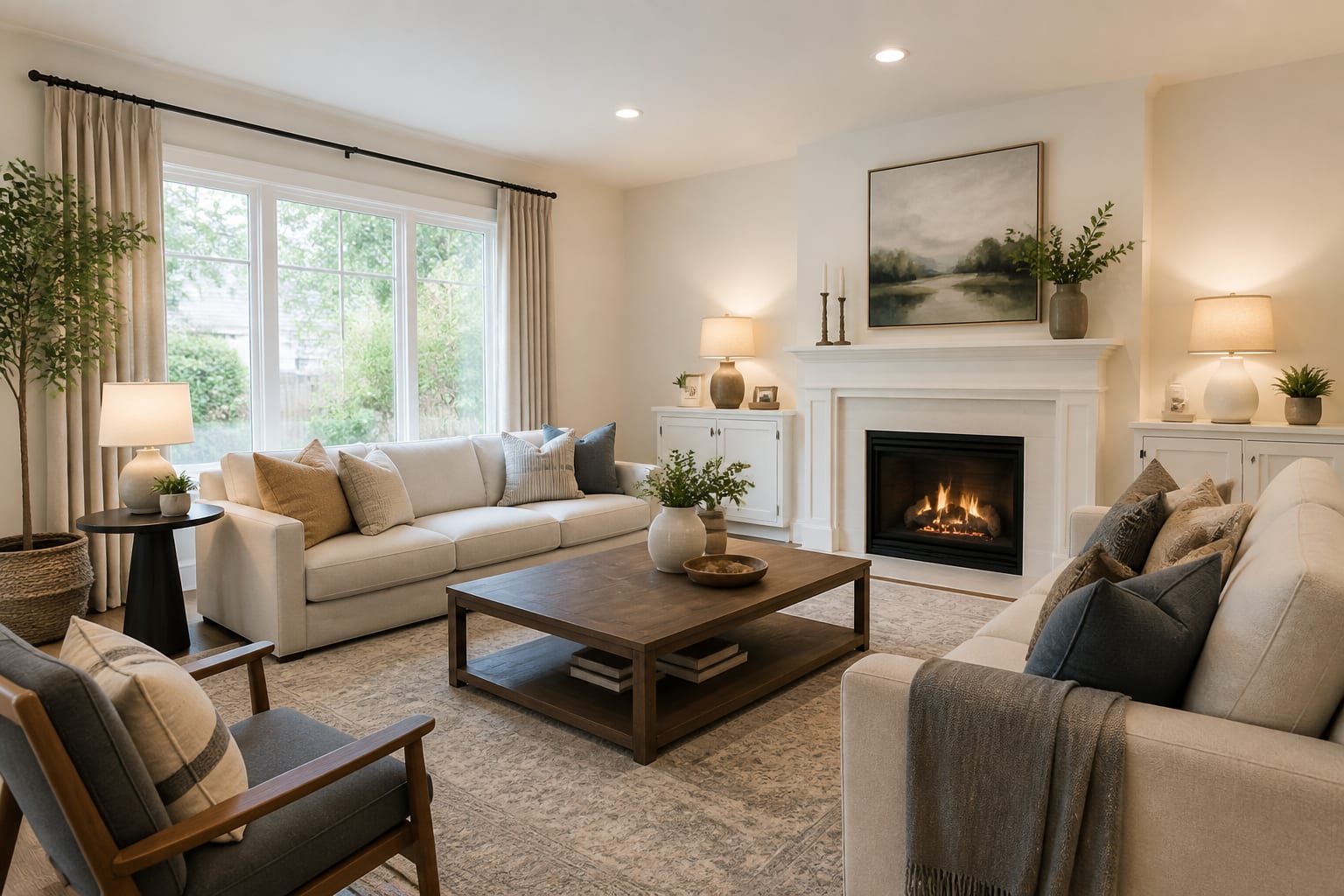 bright living room staged for resale with neutral walls, larger rug, uncluttered surfaces, and warm layered lamps