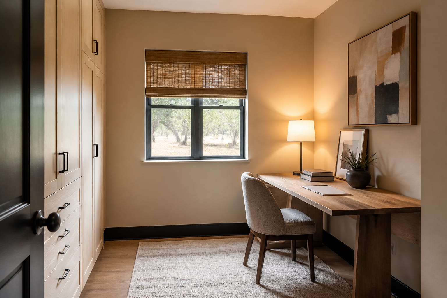 small spare room previewed as a simple resale office with a slim desk, closed storage, warm walls, and open floor space