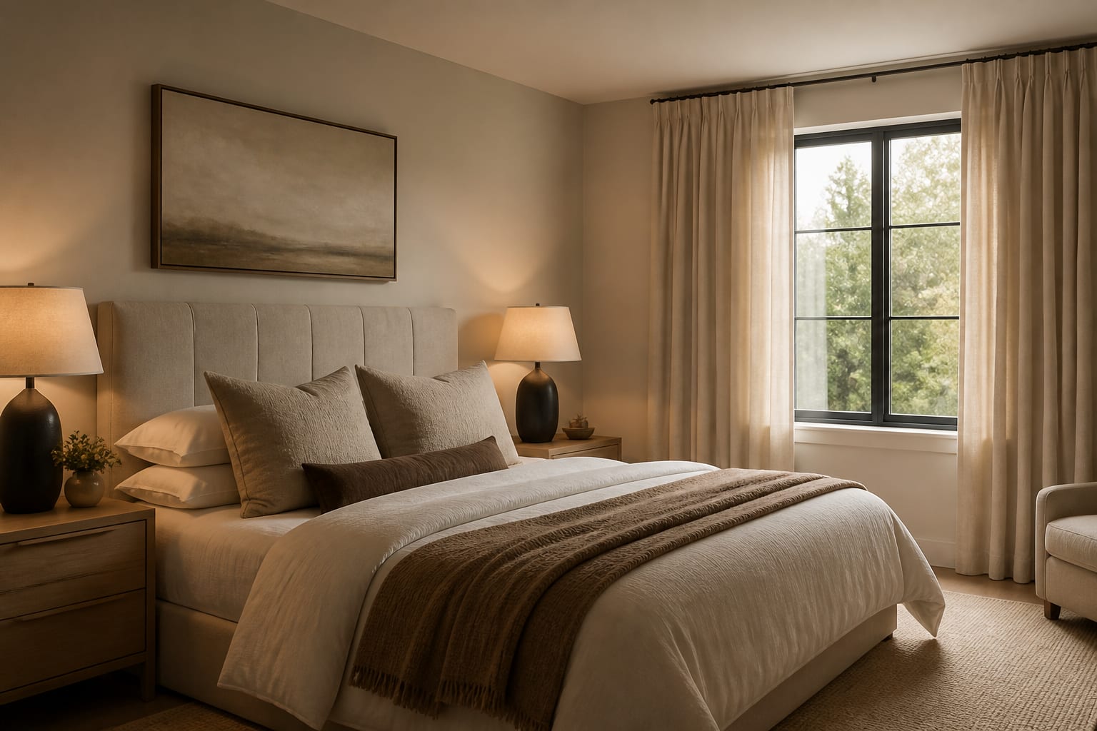 before listing bedroom redesigned with warm neutral bedding, matching lamps, simplified art, and curtains hung close to the ceiling