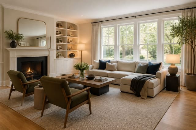 bright living room staged for resale with neutral walls, larger rug, uncluttered surfaces, and warm layered lamps