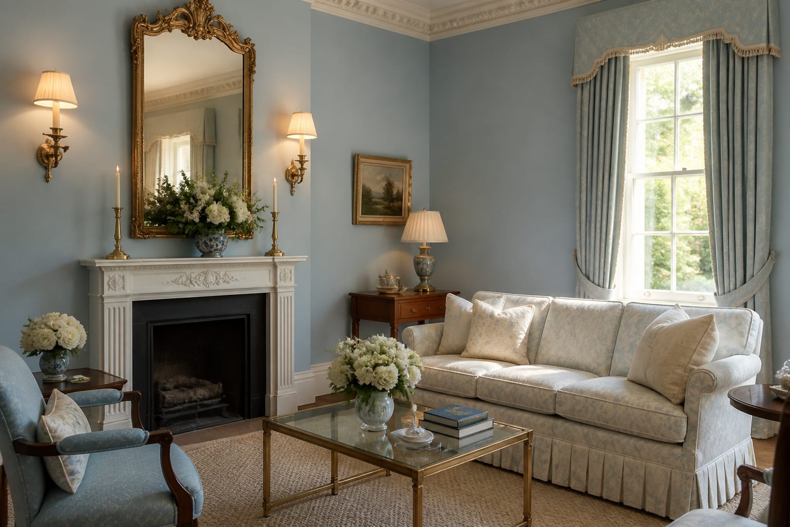 Regency-core living room with pale blue walls, carved mirror, skirted sofa, brass sconces, and tailored drapery