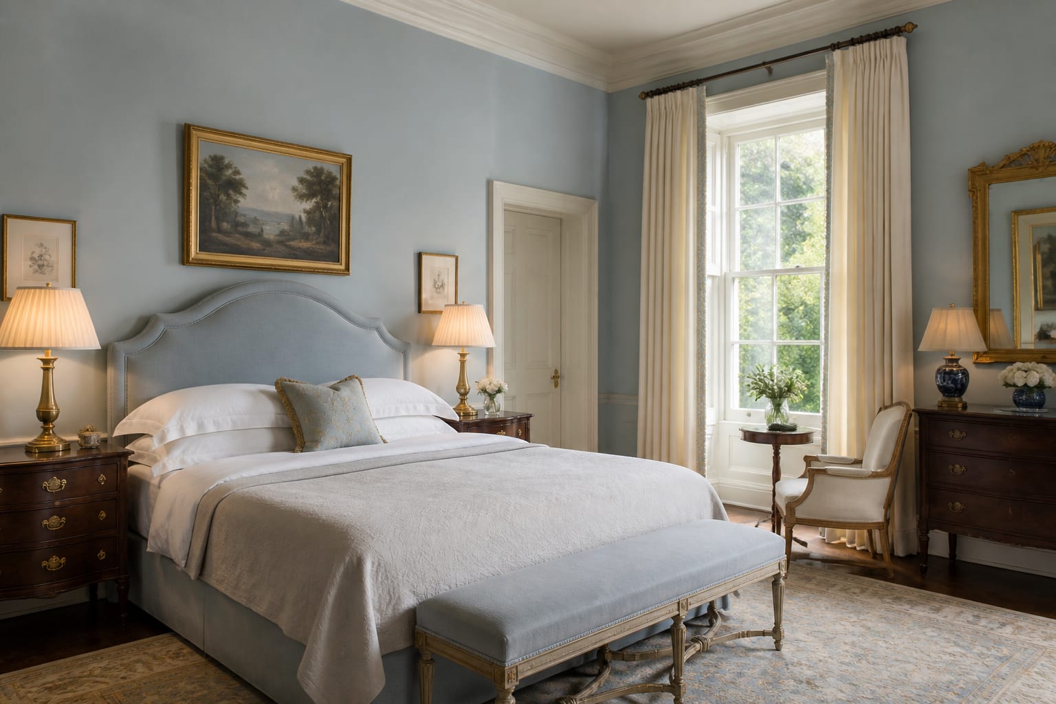Regency-core bedroom preview with upholstered bed, powder blue walls, brass lamps, framed art, and floor-length ivory drapery
