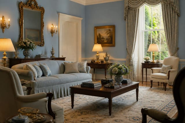 Regency-core living room with pale blue walls, carved mirror, skirted sofa, brass sconces, and tailored drapery
